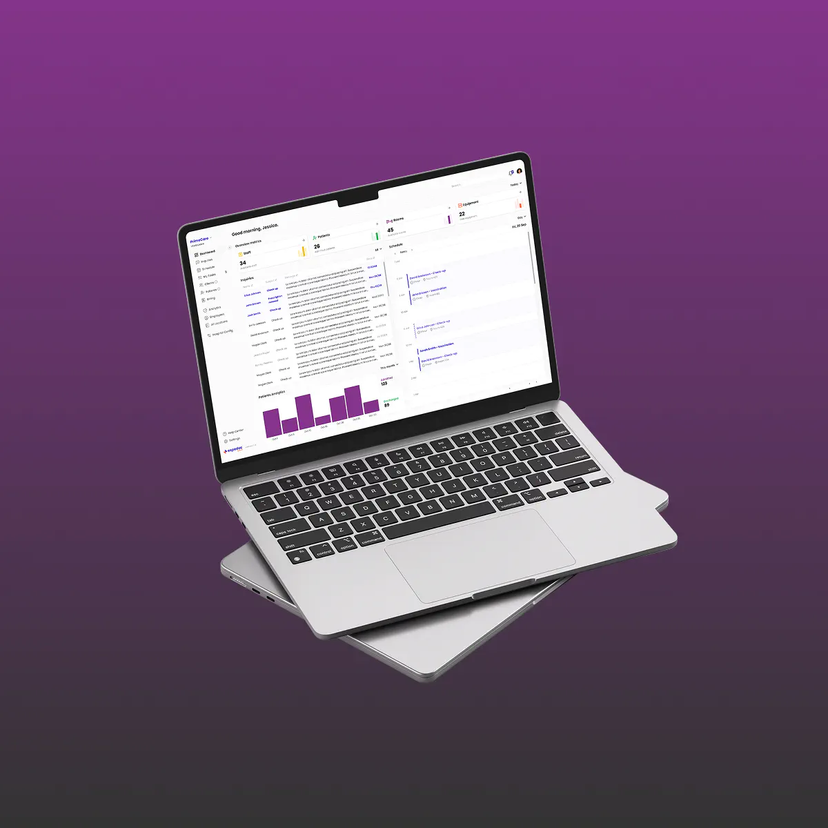 Expedoc clinic dashboard on a laptop: staff, patients, rooms, equipment and the day's schedule