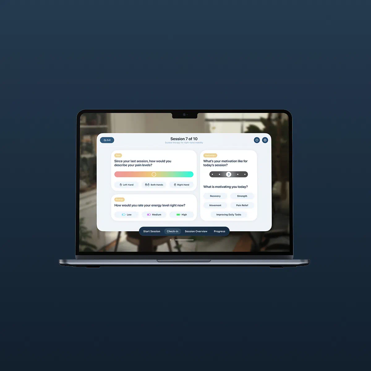 Spectre XR check-in screen on a laptop: session 7 of 10, pain, energy and motivation questions