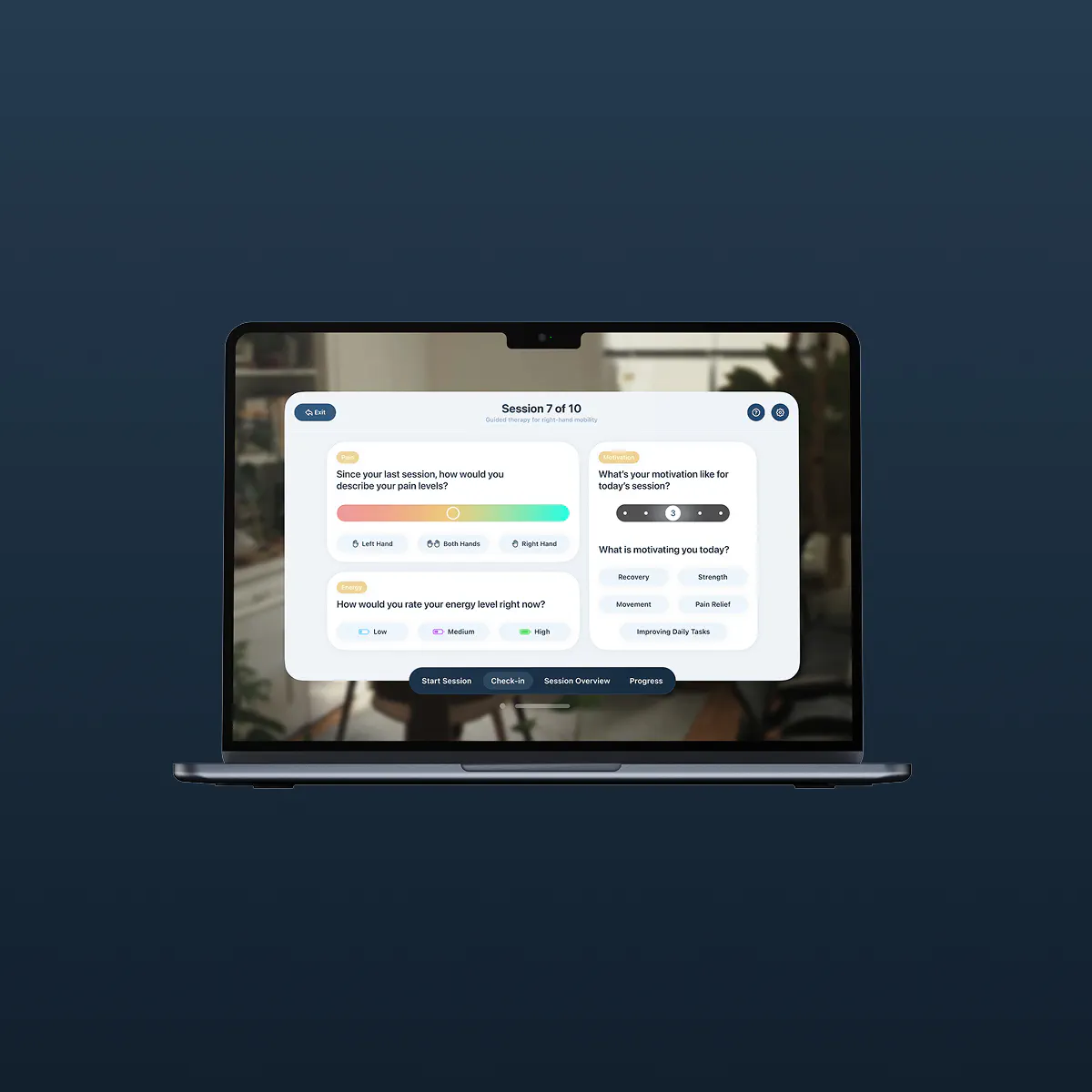 Spectre XR check-in screen on a laptop: session 7 of 10, pain, energy and motivation questions